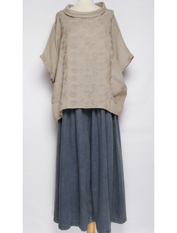 БЛУЗА ЛЁН "КИМОНО ХОМУТ ВЫШИВКА" бежевая, св. бежевая до р.56