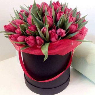 Коробка 39 красны тюльпанов с лентами