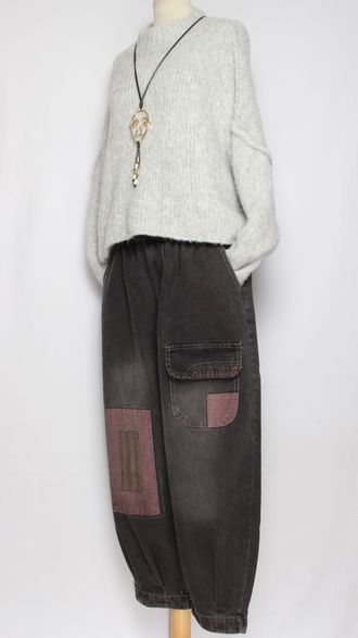 Джинсы "Розовые квадраты" черные р.48-54