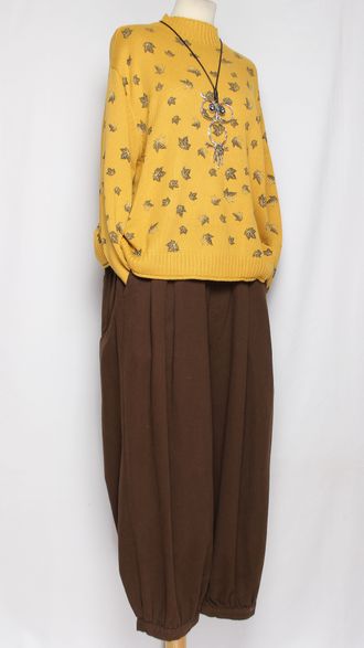 Брюки Бохо хлопок "Бананы с защипами" шоколад р.48-52