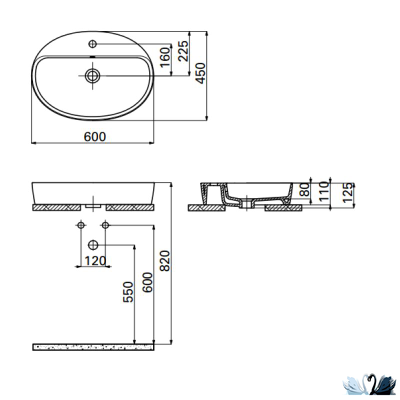 Раковина Creavit Loop LP161-00CB00E-0000 LP161, глянец белого цвета, овальная 60 см с площадкой