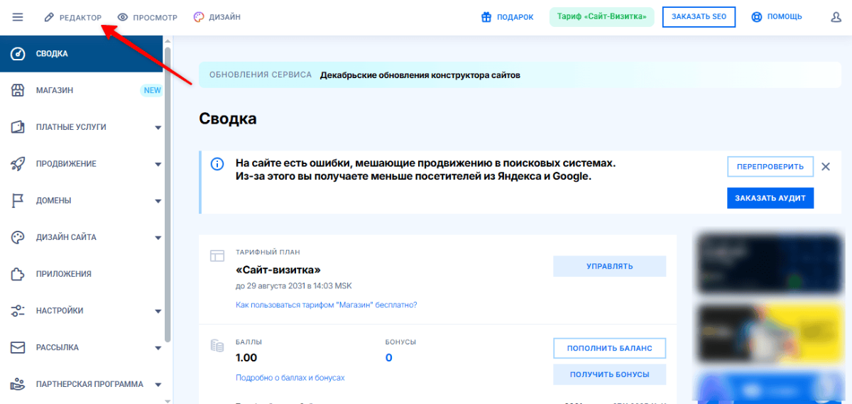 Админ-панель Nethouse: редактор сайта и меню управления страницами
