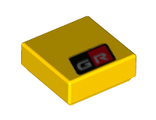 Tile 1 x 1 with Groove with Silver &#039;GR&#039; on Black and Red Background Pattern, Yellow (3070bpb220 / 6323896)