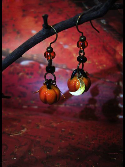 "Время Самайна", комплект украшений (серьги и колье) с тыквами к Хэллоуину