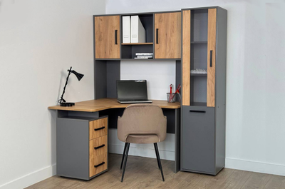 Стол 1200 угловой Лайт-2 + Надстройка 1200 Лайт-2 + Стеллаж Лайт-2 графит/дуб крафт золотой