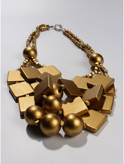 Колье из дерева "ШАРЫ И РОМБЫ" золотое