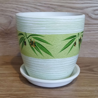 Горшок для цветов из керамики "Монстера" 15 см (2 л) белый с зеленым