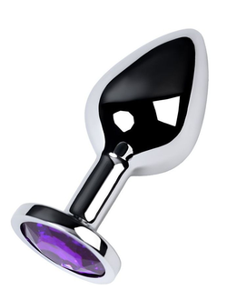 Серебристая коническая анальная пробка с фиолетовым кристаллом - 8 см
