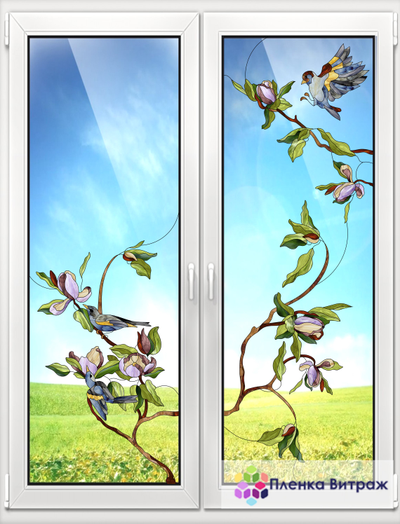 Витражная пленка, витражная пленка самоклеющаяся под заказ,пленочный витраж флора с птицами
