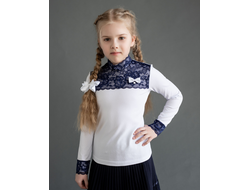 Блузка на кнопках с кружевом длин./рук. 122-158 (синий/белый)