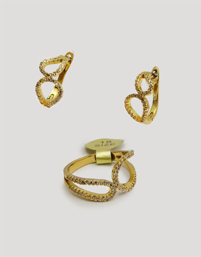 (АРТИКУЛ: 6832/02) ОМПЛЕКТ ЖЕНСКИЙ (СЕРЬГИ+КОЛЬЦО), МЕТАЛЛ "ЗОЛОТО", СТРАЗЫ