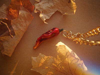 "Огненное лето", кулон с красным перчиком чили и золотыми семенами