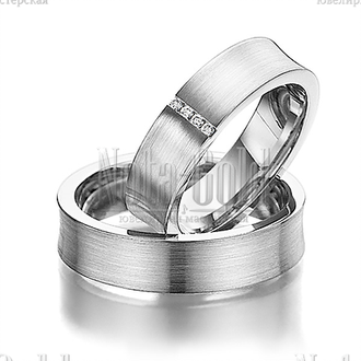Классические обручальные кольца вогнутого профиля из белого золота с поперечной полоской бриллиантов