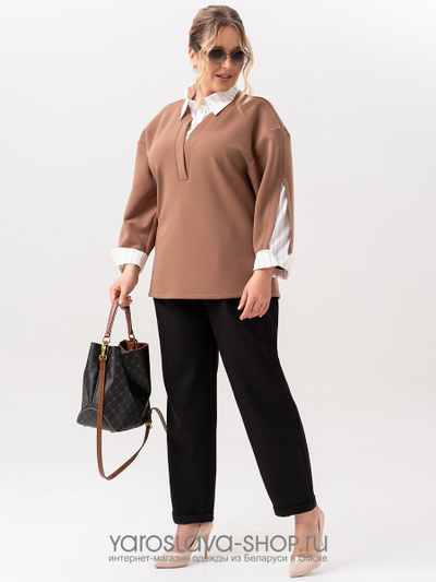 Женский трикотажный комплект: бежевый свитшот и черные брюки 66