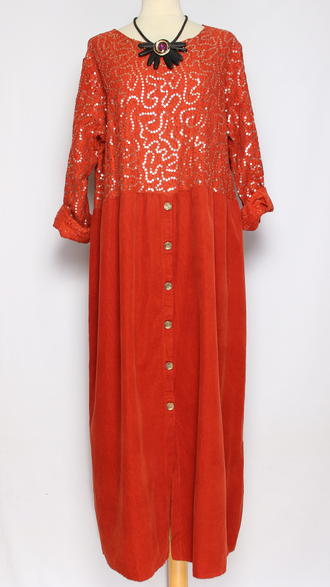 Платье Бохо вельветовое "Кружево пайетки" терракотовое до р.54