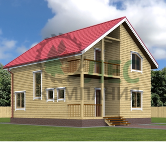 Полутораэтажный дом из бруса 8x9,2 с террасой