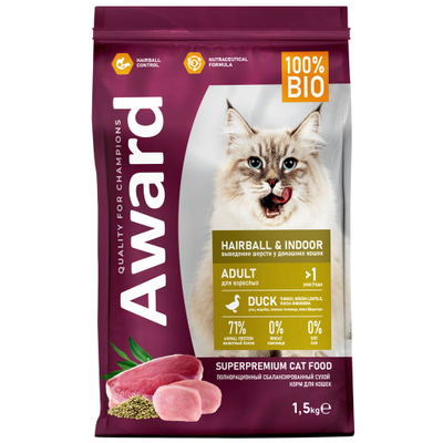 AWARD (Авард) Hairball & Indoor, сухой корм для кошек для выведения шерсти, Утка с курицей, 1,5 кг