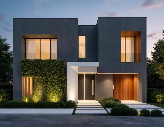 Современный фасад с гармонично сочетающимися элементами: карниз, наличники и современные акценты