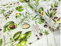 Вафельное полотно 176 г/м2 цвет салатовый принт Авокадо и оливки