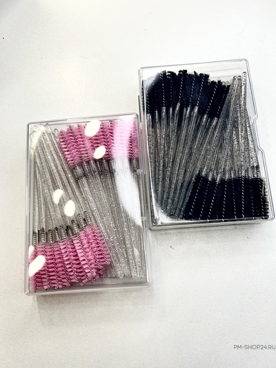 Щёточки для бровей розовые с блестками в кейсе, 50 шт. в pm-shop24.ru
