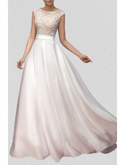 Длинное свадебное платье с кружевным верхом и открытой спиной выполнено из цветочного гипюра и шифон