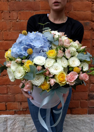 Букет в шляпной коробке: голубая гортензия, кустовые розы, краспедия, эвкалипт, желтые розы