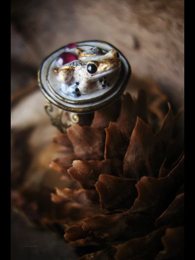 "Дневной светлячок Квакази", волшебное кольцо с лягушкой и натуральными родолитами