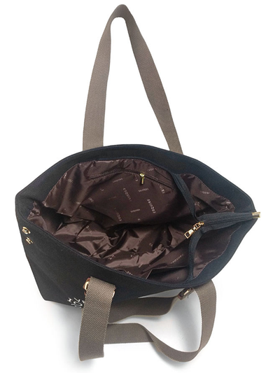 (АРТИКУЛ: 9924/1/1) СУМКА БОЛЬШАЯ, ТЕКСТИЛЬ, ЧЕРНАЯ С БЕЛЫМИ БУКВАМИ, КОРИЧНЕВЫЕ РУЧКИ ЧЕРЕЗ ПЛЕЧО