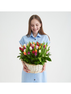 Корзина ярких тюльпанов