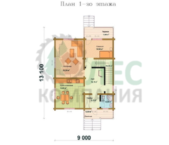 Полутораэтажный дом из бруса 9x13,1 с террасой и кукушкой