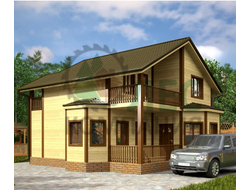 Полутораэтажный дом из бруса 8x7,5 с двумя эркерами, террасой и балконом