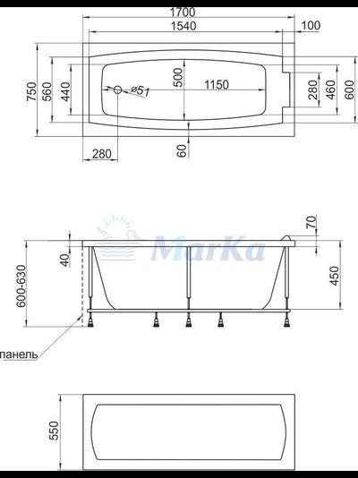 Ванна акриловая Марка №1 АЭЛИТА 1,5*0,75 1,7*0,75 1,8*0,80 (каркас+панель)