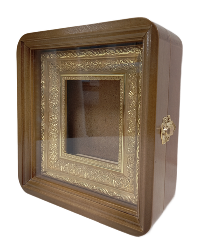 Киот деревянный с багетной рамой "под золото", для иконы формата 9х10,5см.