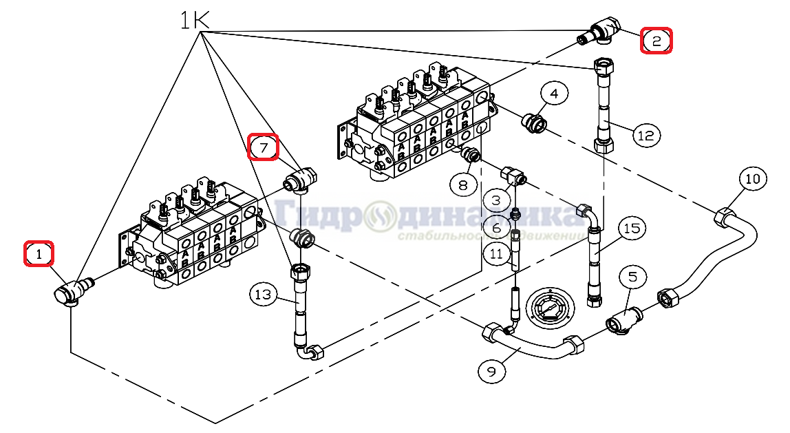 Схема установки комплектов YBD 048 гидравлических соединений для КМУ Epsilon/Palfinger