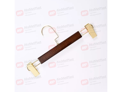 T88BR Вешалка деревянная красное дерево с зажимами и крючком золото L=320 мм