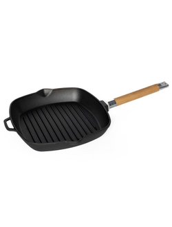 Сковорода-гриль 280*280 мм со съёмной деревянной ручкой, чугун рифлёный