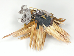 Редкость! Рутил свободного роста, сростки "звезды" золотистых игольчатых кристаллов на кристаллах гематита, Бразилия (30*18*9 мм, 1,95 г) №37912
