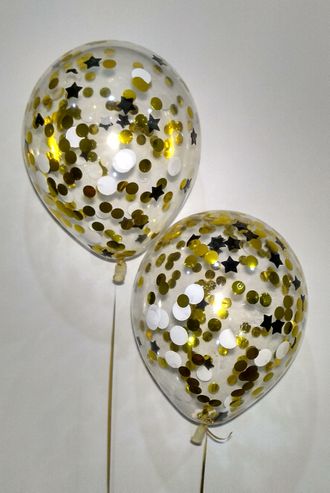 Воздушный шар с гелием с конфетти "Золотисто-черное-белое" 30см