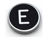 Tile, Round 2 x 2 with Bottom Stud Holder with Silver Capital Letter E on Black Background Pattern, Light Bluish Gray (14769pb426 / 6352977)