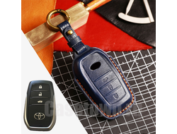 Синий чехол для ключа Тойота Ленд Крузер 200,  лк 300, Камри v55 из кожи (ручная работа)