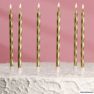 Свечи в торт "Металлик", 14 см, 6шт с подставкой, золотистые