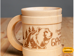 Кружка  деревянная  с гравировкой БРАТСК  (медведи)