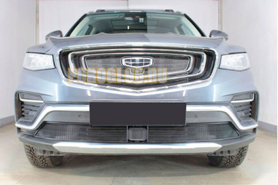 Защита радиатора Geely Atlas Pro 2021- black верх (3 части)