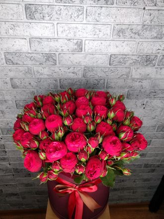 Шляпная коробка с пионовидными розами, красные пионовидные розы, пионовые розы, красные розы