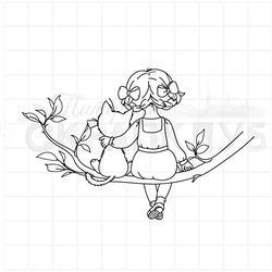 Штамп девочка обнимающая котика сидит на ветке дерева