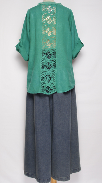 РУБАШКА ЛЁН "КРУЖЕВО НА СПИНЕ"  малахит р.46-52