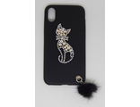 Защитная крышка силиконовая iPhone X, черная со стразами 'Кошка' с брелком