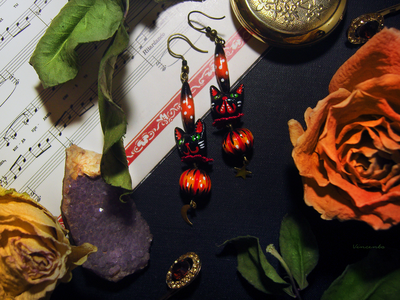 Серьги с котиками и тыквами "Легенды октября", украшение к Хэллоуину