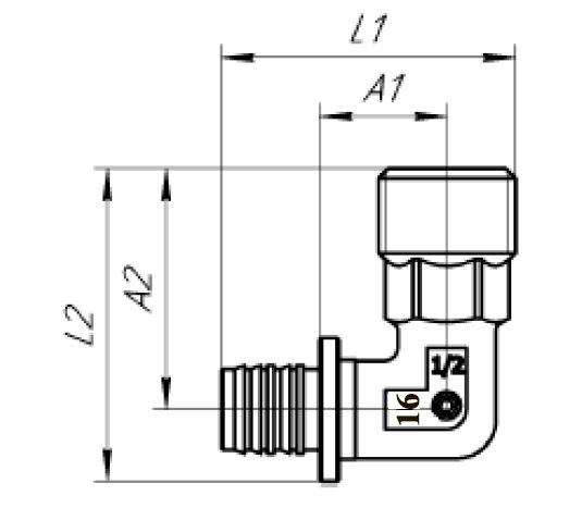 Схема переходника углового с наружной резьбой 16хG½". Артикул: FP06001