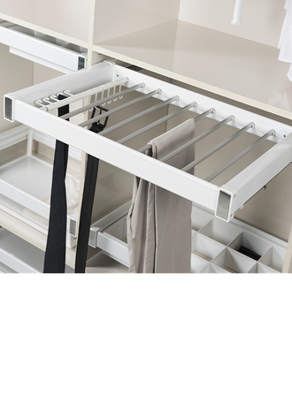 Вешалка Starax S-6707-W (S-6707) для брюк, галстуков, ремней 600 мм (560-590х475х70 мм) на направляющих BLUM TANDEM с доводчиком, белая